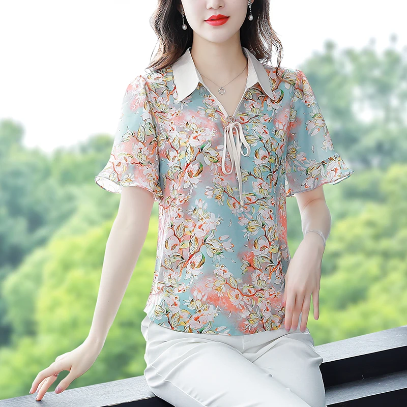 

Chiffon Women's Blouse Summer Floral Printing Loose Shirt Short Sleeve Casual Fashion Top Female 2022 New Korean Style Clothing