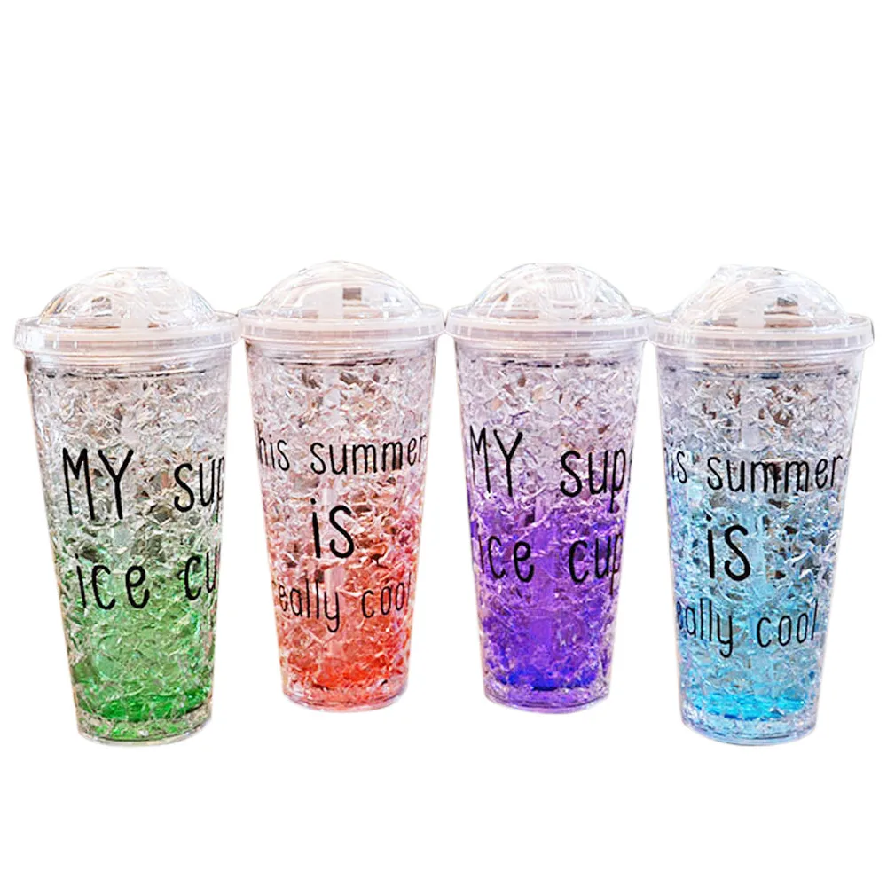 

Portable Plastic Cup Tumbler Travel Cup Coff Double Layer Reusable Smoothie with Straw Summer 450ml