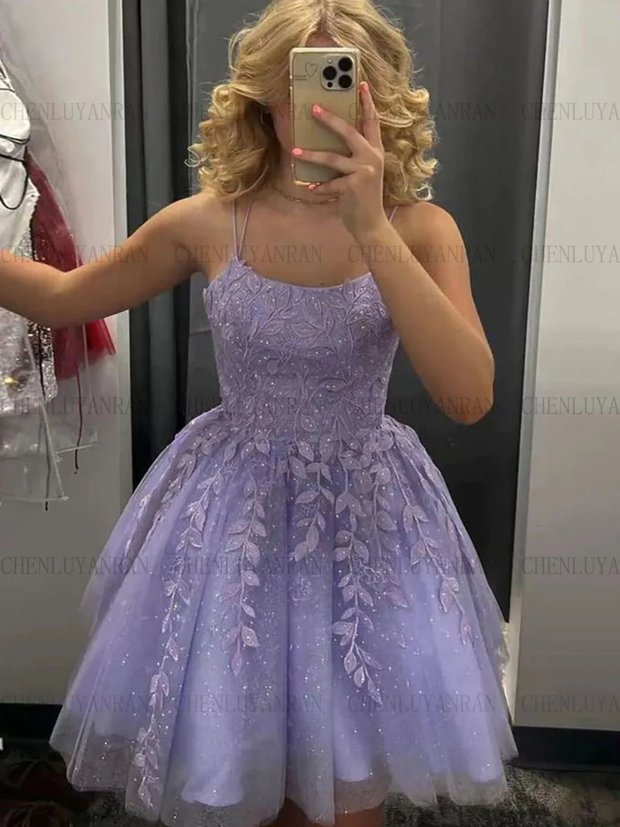 

Блестящие коктейльные платья лавандового цвета, короткое вечернее мини-платье из тюля 2023, элегантное женское платье с аппликацией и шнуровкой сзади для свадебной вечеринки