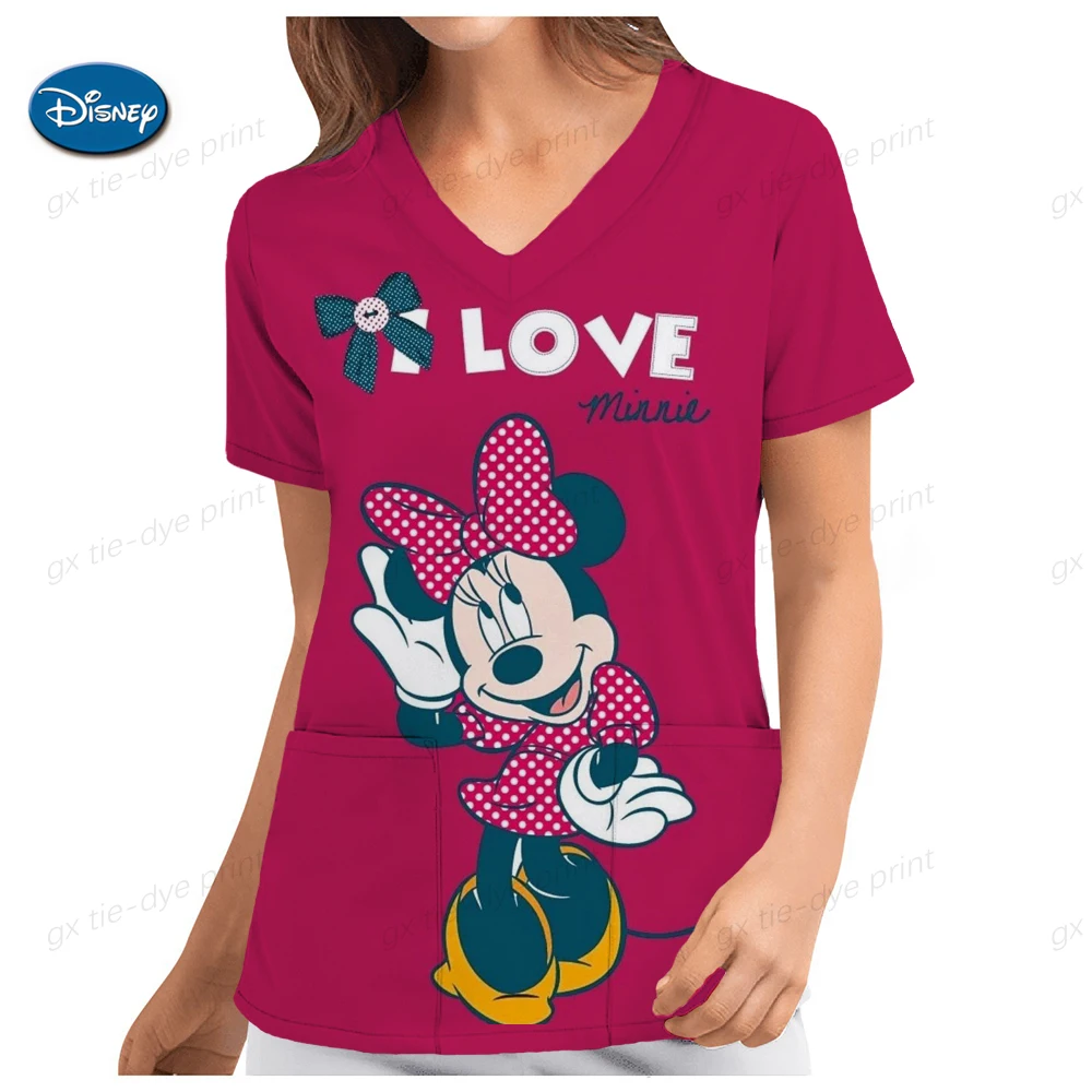 

Nurse Uniform T-shirt V Neck Shirts Mickey Tops Minnie Mouse Disney T-shirts Pocket Woman Clothes Hospital Top Women 2023 Tees