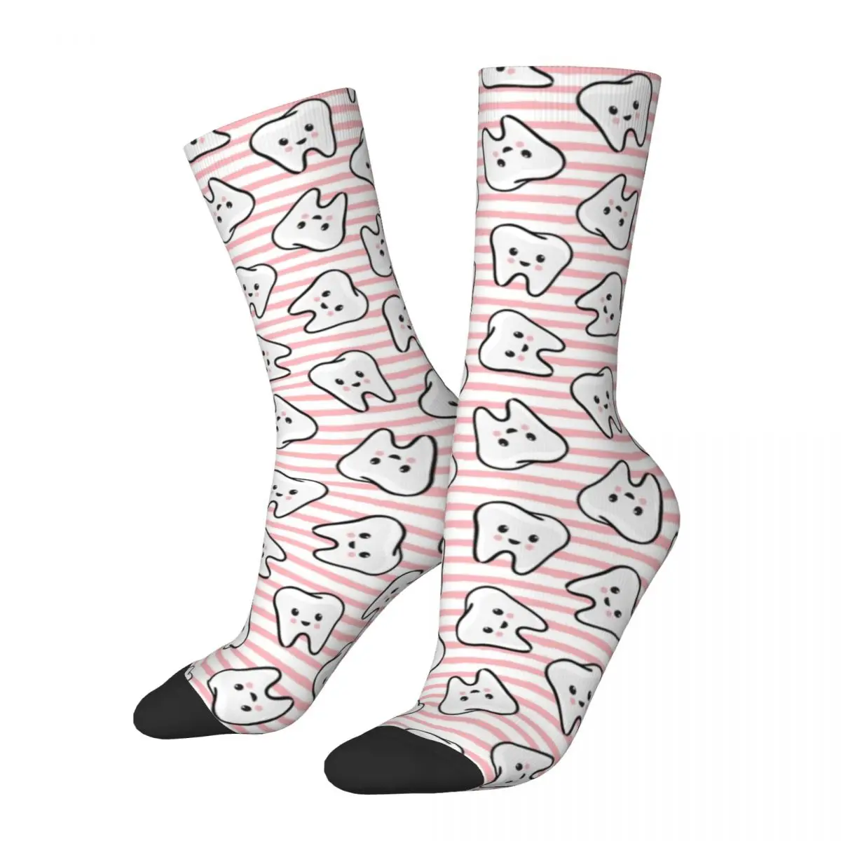 

Happy Funny Male Men Socks Harajuku Happy Teeth On Pink Stripes Dentistry Sock Sport Women Sock Spring Summer Autumn Winter