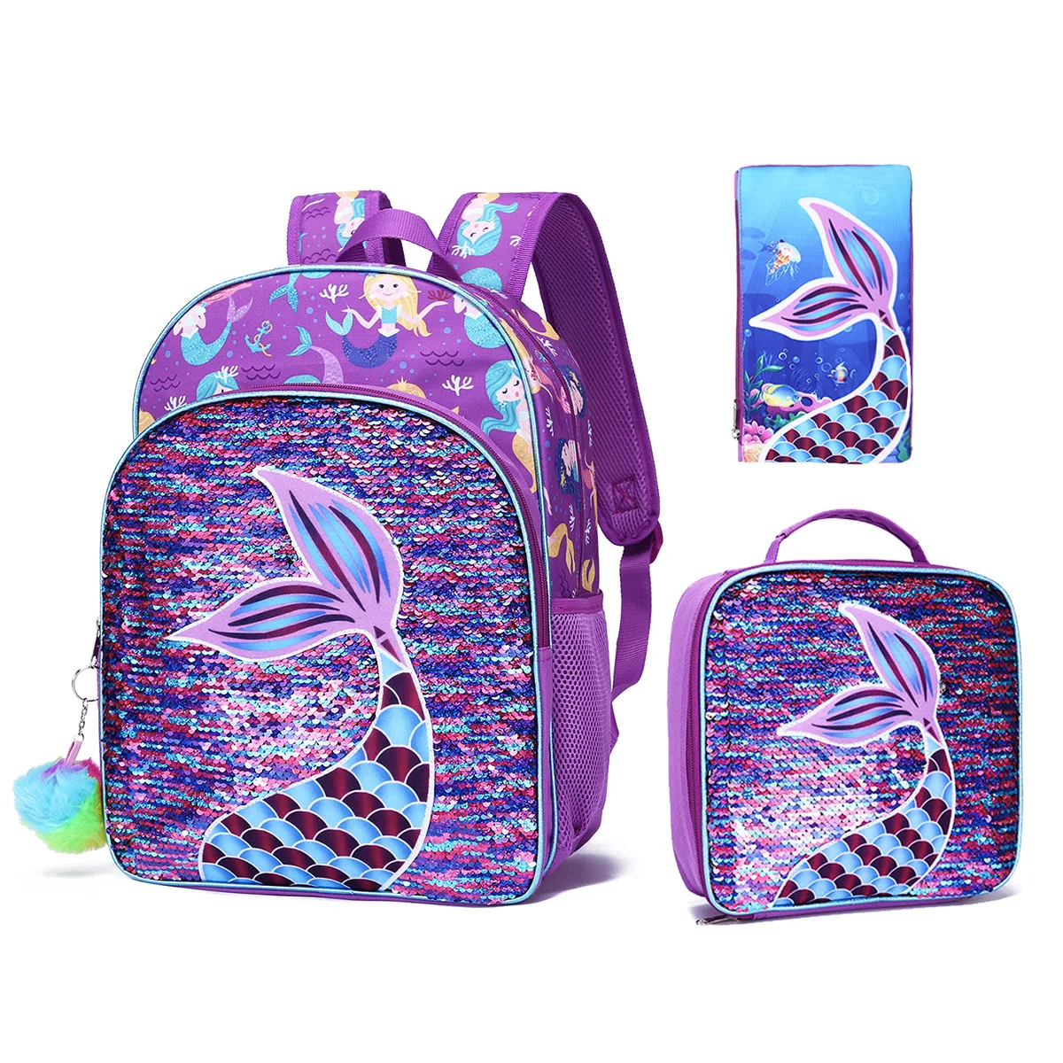 

Rt1505-d5 Spot New Mermaid Sequin Three Piece Set Primary and Secondary School Schoolbag Meal Bag Children's Backpack