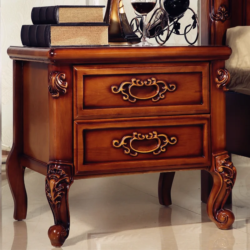 

European-style Champagne Ebony all solid wood nightstand Dark American carved bedroom furnished bed made of old white logs