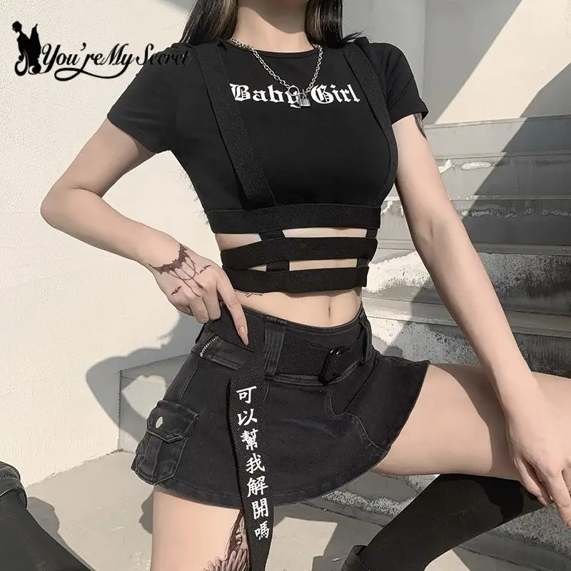 

Женская футболка с вырезами [You Are My Secret], черная облегающая футболка с коротким рукавом и надписью Goth в стиле Харадзюку, сексуальные Базовые укороченные топы Y2K