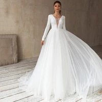 weilinsha white a line long sleeves backless wedding dresses modern v neck chapel train tulle bridal gowns with beading custom
