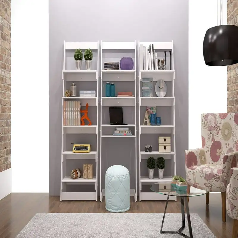 

3-Piece Carpina Floating Ladder Shelf Office Desk in White Bedside organizer