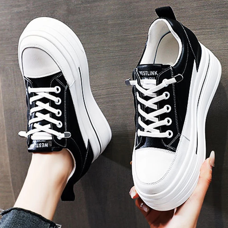 2023 New Fashion 7cm New Genuine Leather Women Sneakers Chunky Platform Wedge Breathable Summer Vulcanize Hidden Heels Shoes