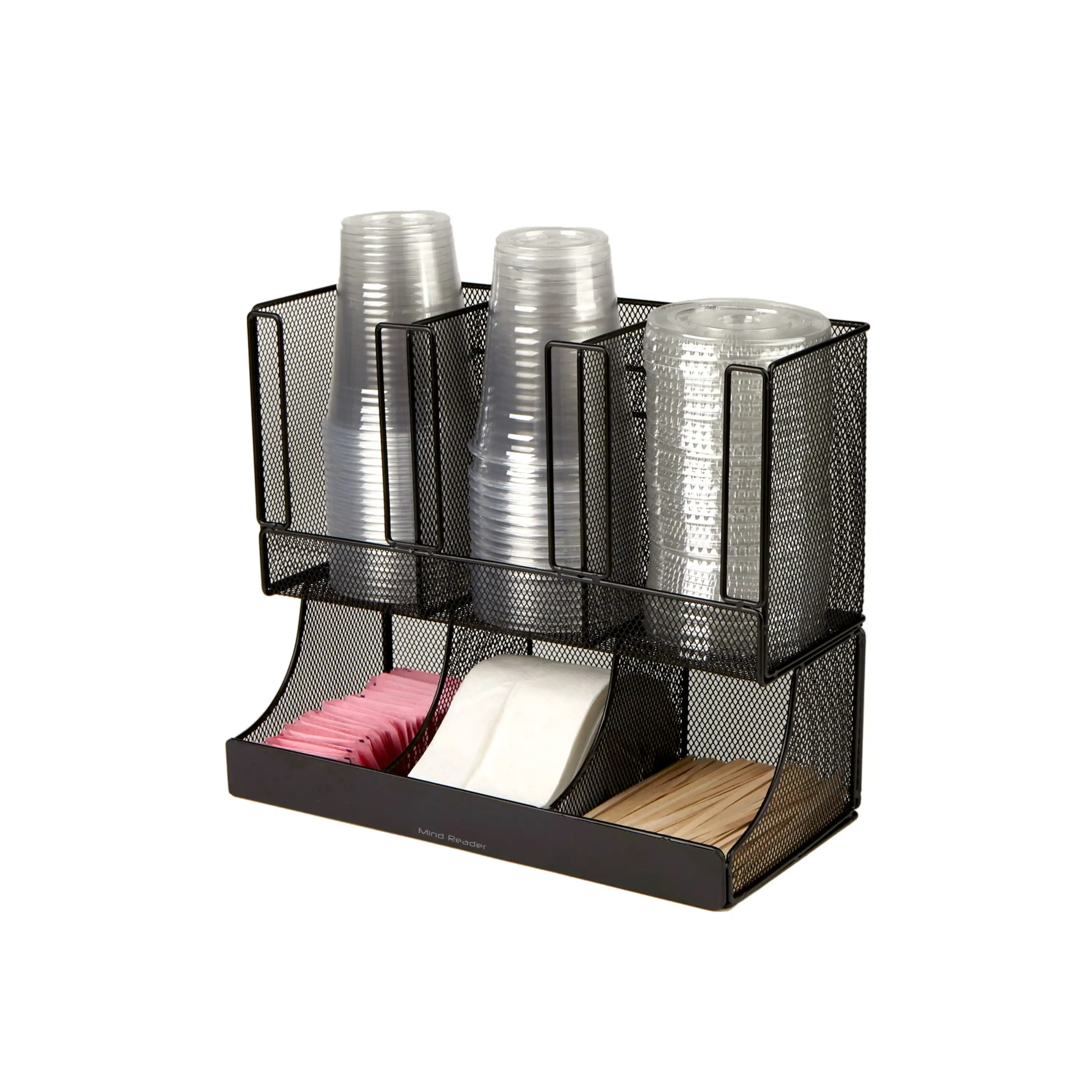 

Compartment Upright Breakroom Coffee Condiment and Cup Storage Organizer, Black Metal Mesh