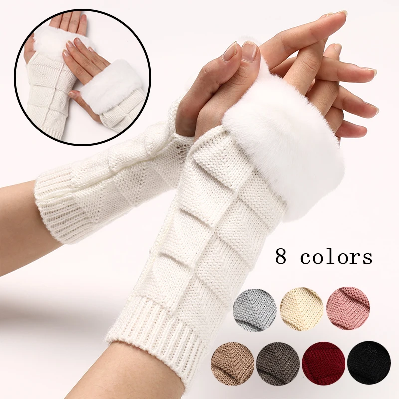 

Autumn Winter Solid Color Students Write Keep Warm Korean Knitting Lady Fingerless Protection Hand Hair Mouth Hemp Gloves Women
