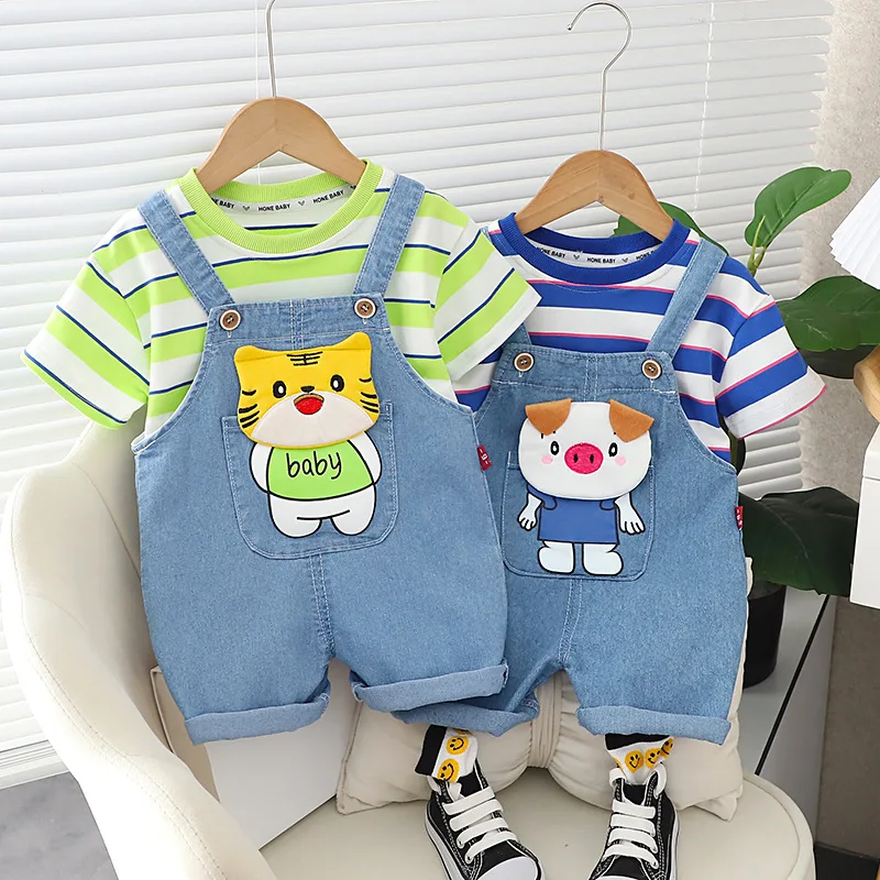 

2023 Summer Child Clothes Sets Short Sleeve O Neck Striped Tiger Green Cute 2 Piece Sets Designer Boys Clothes Sets 12M-5T