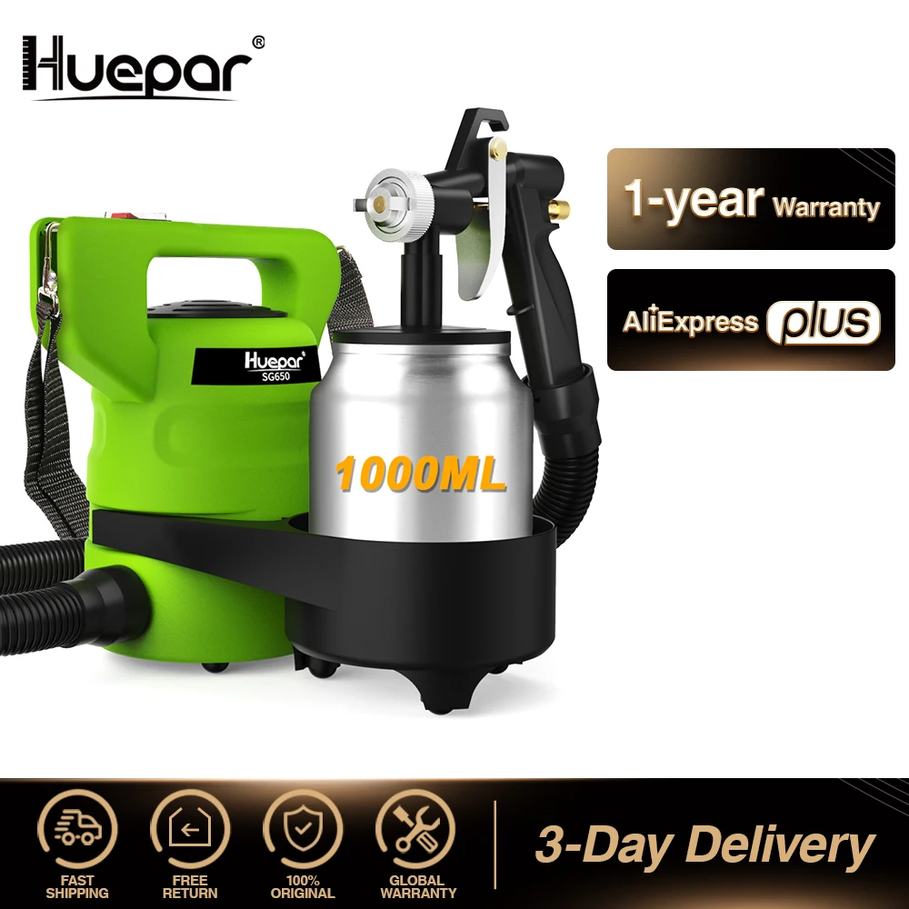 Huepar Paint Sprayer Electric 650 Watt Spray Gun 1000ml Paint Container With 1.0mm nozzles & Two Copper cores & 3 Spray Pattern