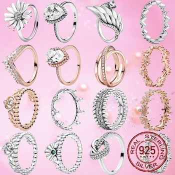 Original brand princess wishing bone signature circle heart halo pandra love rings 925 sterling silver ring jewelry 1