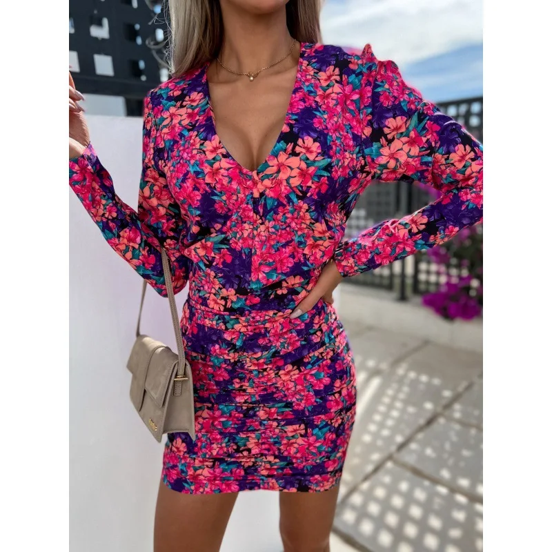 

2022 Summer Floral Print Mini Dress Women Sexy V-neck Long Sleeve Slim Fit Party Dress Hip Wrap Bodycon Female Dress Vestidos