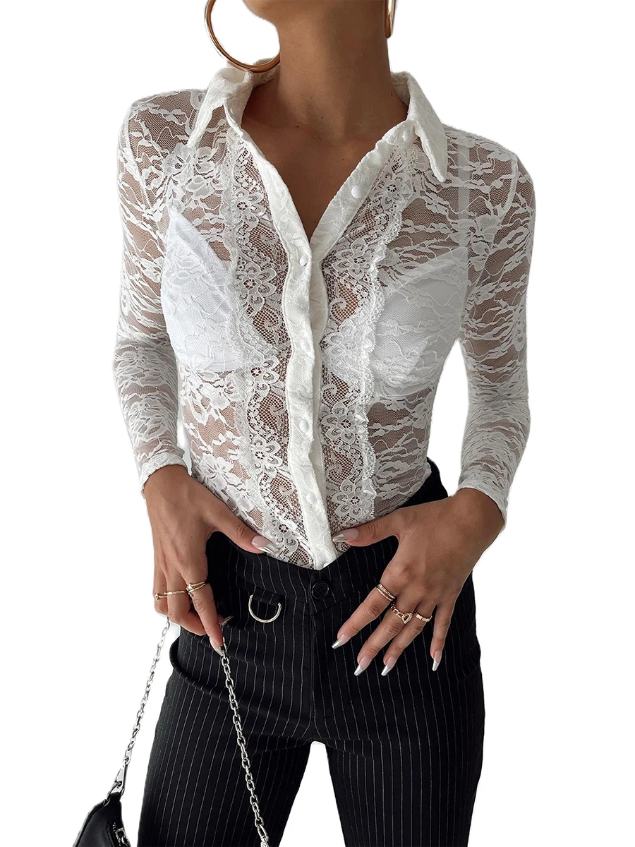 

Damen Button Down Hemdblusen Durchsehen Flare Sleeve Top Party Club Streetwear