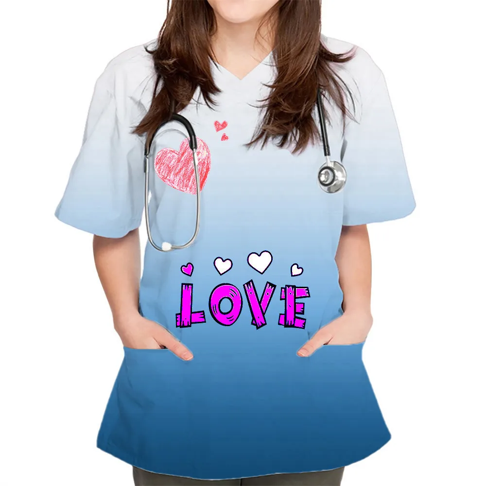 Женская рабочая форма с коротким рукавом V-образным вырезом и принтом сердца