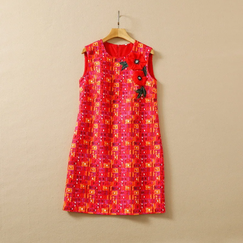 European and American women's summer 2022 new  Sleeveless flower decoration round collar  Fashionable red jacquard dress