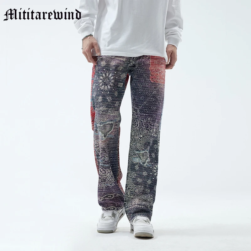 

Джинсы мужские с полным принтом, повседневные свободные прямые брюки в стиле Хай-стрит, в национальном стиле, модные брюки