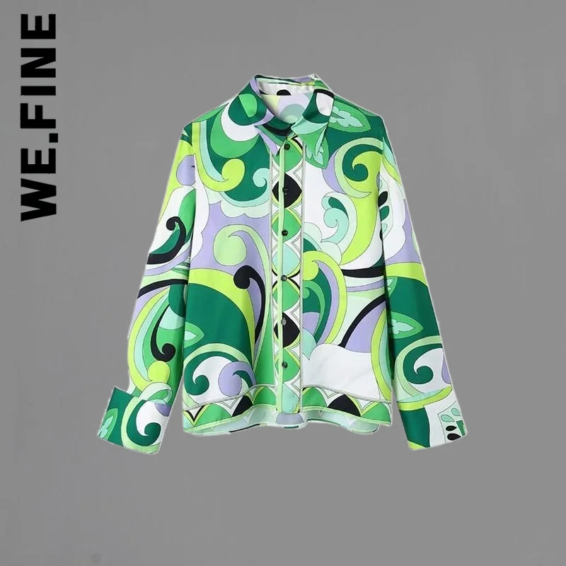 

We.Fine 2022 Summer Women 2pcs Print Blouses+Skirts Set New Turn Down Collar Long Sleeve Tops High Waist Dress Girl Outfits