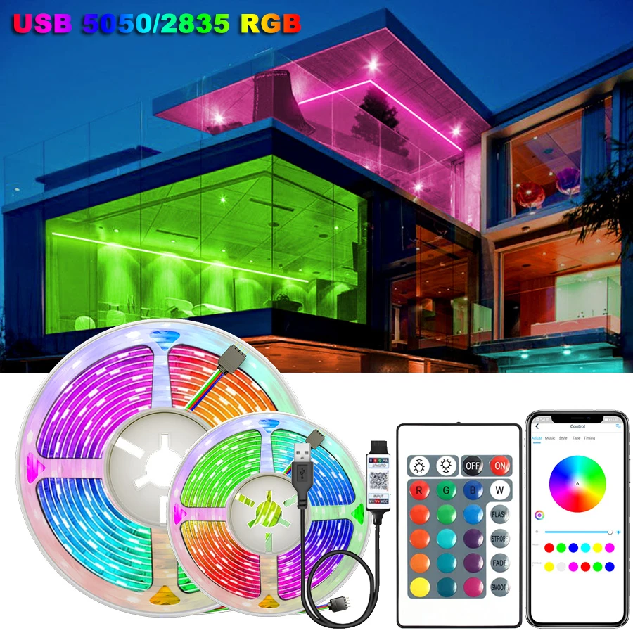 

Светодиодная лента RGB 2835/5050 SMD с дистанционным управлением, гибкая лампа с инфракрасным управлением и подсветильник кой, USB, 60 светодиодов/м