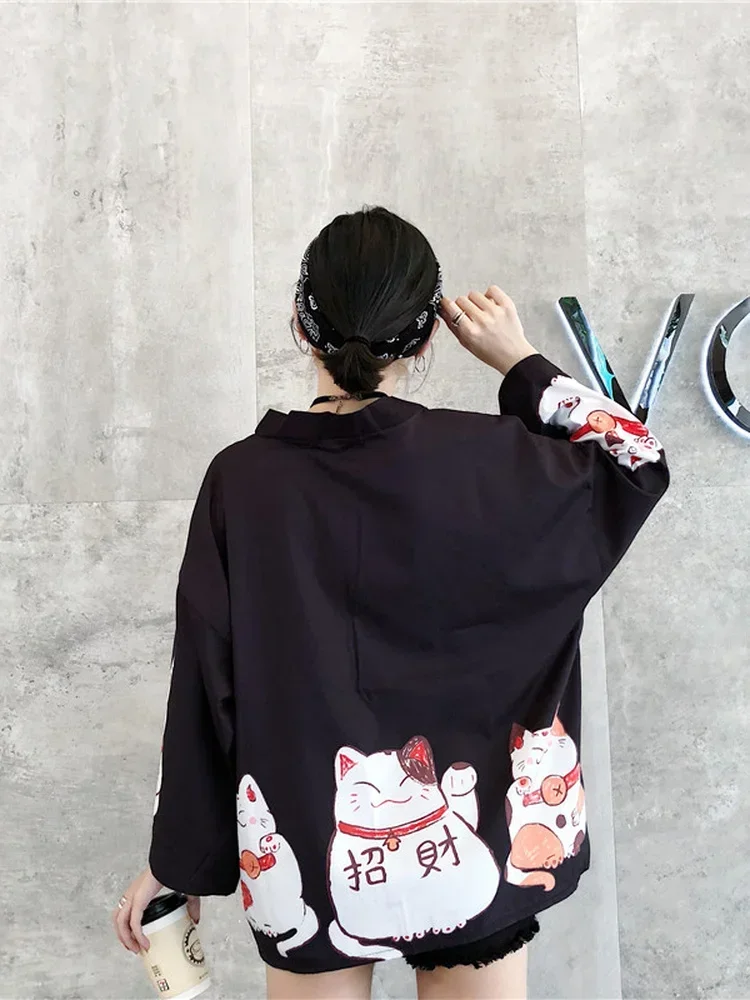 Woherb 2024 летняя милая блузка-кимоно с принтом мультяшного кота Блузы большого