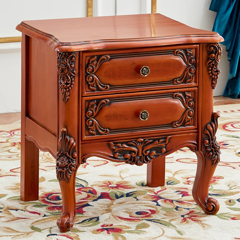 

European Retro Nightstand Wooden Carved Bedroom Cabinet Bedside Table Large Capacity Ultra-narrow Square Table Bedroom Furniture