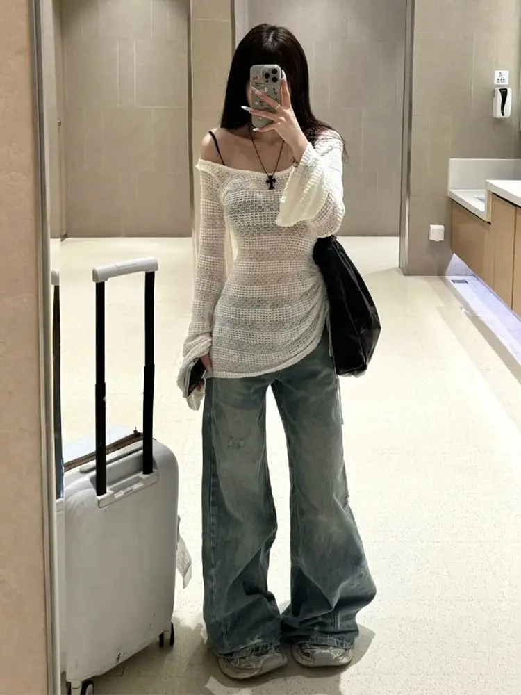 Трикотаж с длинными рукавами и вырезами тонкий новый пляжный накидка на шнурке