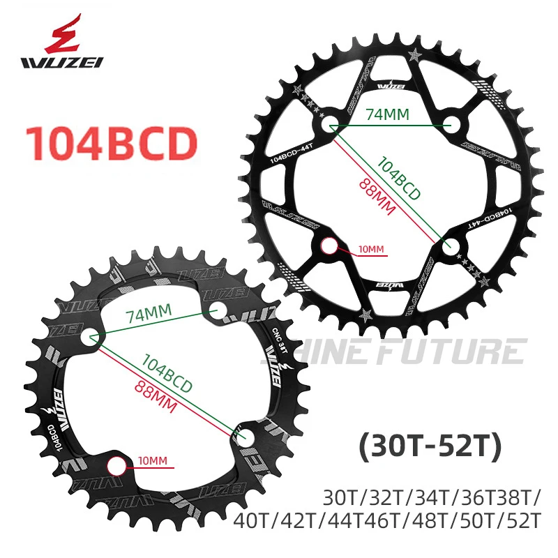 

WUZEI MTB Bike 104BCD Chainwheel Narrow Wide Round Shape 30/32/34/36/38/40/42/44/46/48/50/52T Bicycle Chainring Single Plate