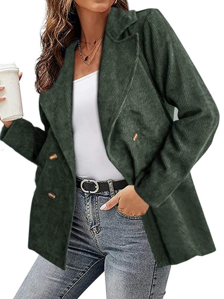 Spring New Women's Double-breasted Temperament Commuter Office Suit Jacket Solid Color Coat Casual Corduroy Women's Clothing