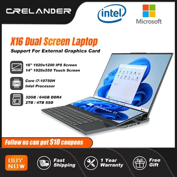 CRELANDER Dual Screen Laptop 16.1 Inch + 14.1 Inch Touch Screen Core i7 10750H Processor Gaming Laptop Notebook Computer 1