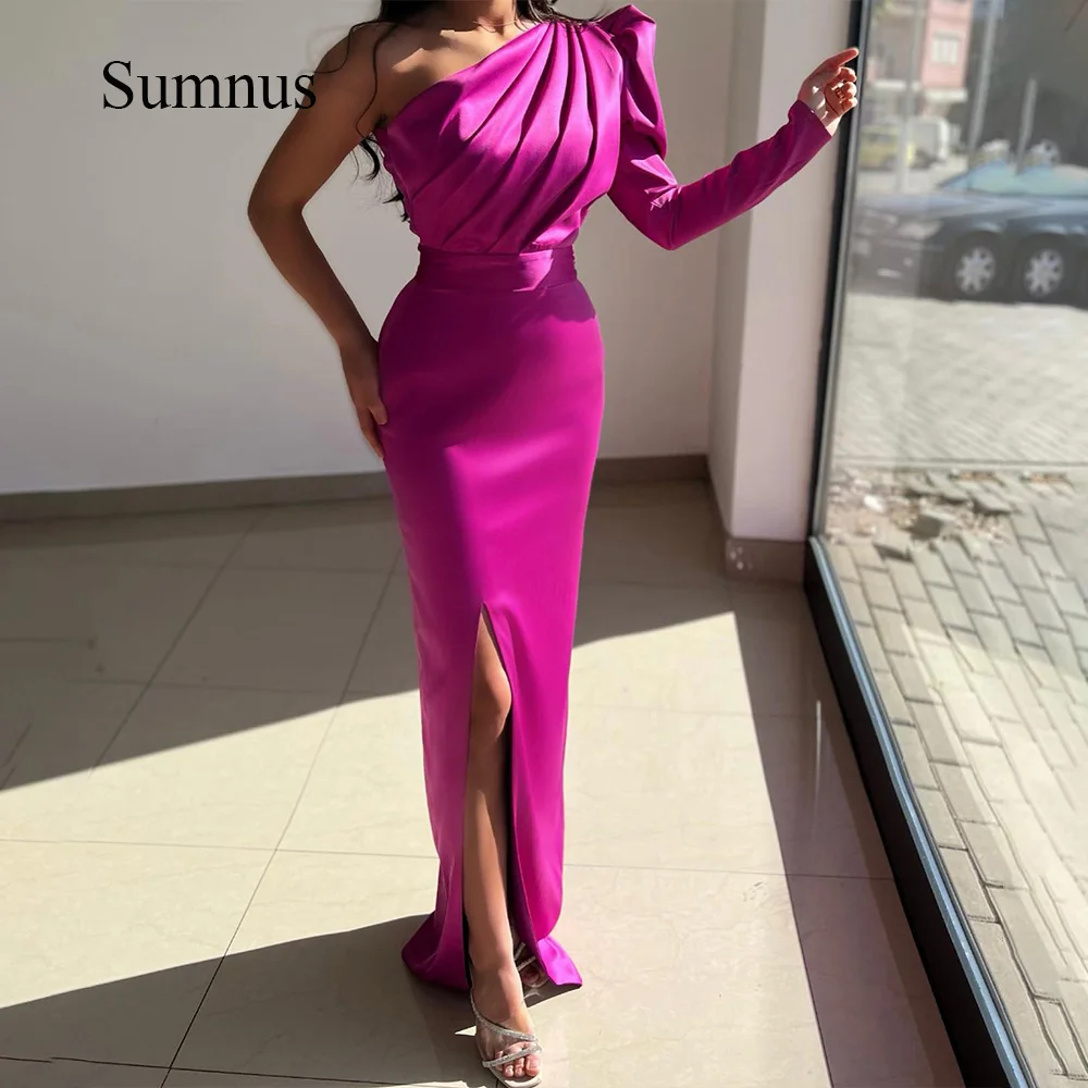 

Sumnus Fuchsia One Shoulder Mermaid Evening Dresses Pleats Satin Side Slit Prom Party Dress Long Formal Dubai Gowns Floor Length