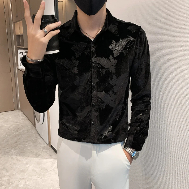 

Mens Spring Luxury Print Velvet Long Sleeve Shirts For Men Clothing 2022 Simple All Match Slim Fit Camisas De Hombre