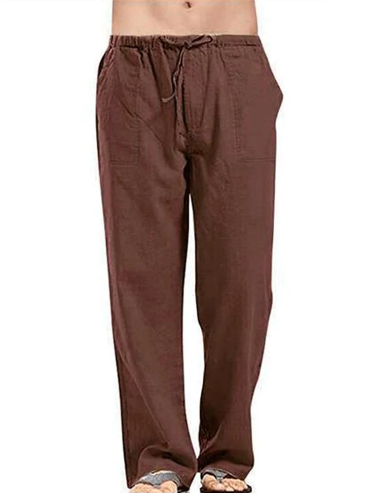 

Summer Casual Mens Cotton Linen Pants Solid Mid Waist Drawstring Pockets Straight Trousers Mens Fashion Long Pant Streetwear