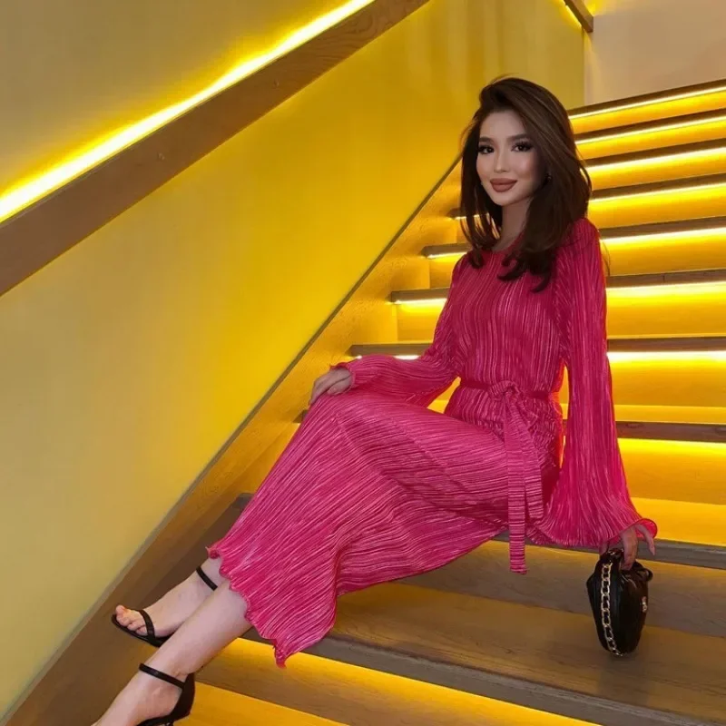 Laxsesu элегантное розовое плиссированное женское платье 2024 модное свободное с