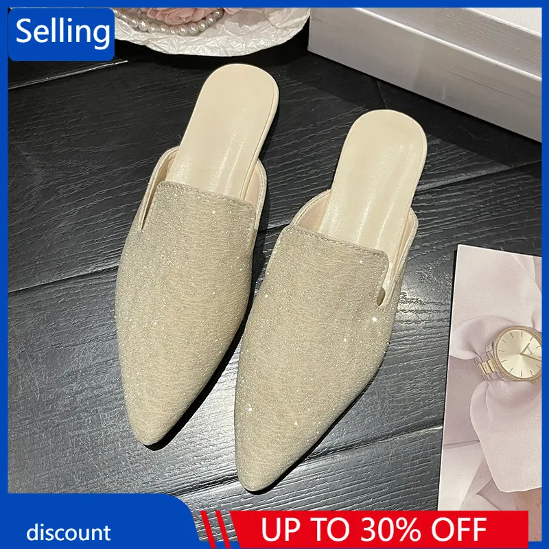 

Летние Новые однотонные кожаные туфли-лодочки, большие женские полутапочки, модель 2023 года, легкая универсальная простая женская обувь на п...