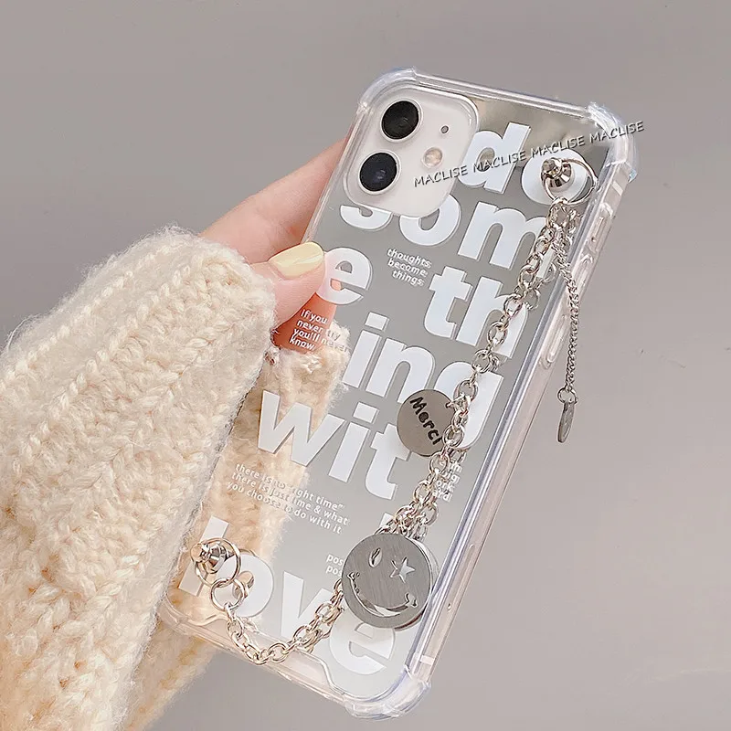 

Luxury Letter Mirror Phone Case For IPhone 12 13 11 Pro MAX Mini XR XS X 7 8 Plus Smiley Wristband Chain Soft Shockproof Cover