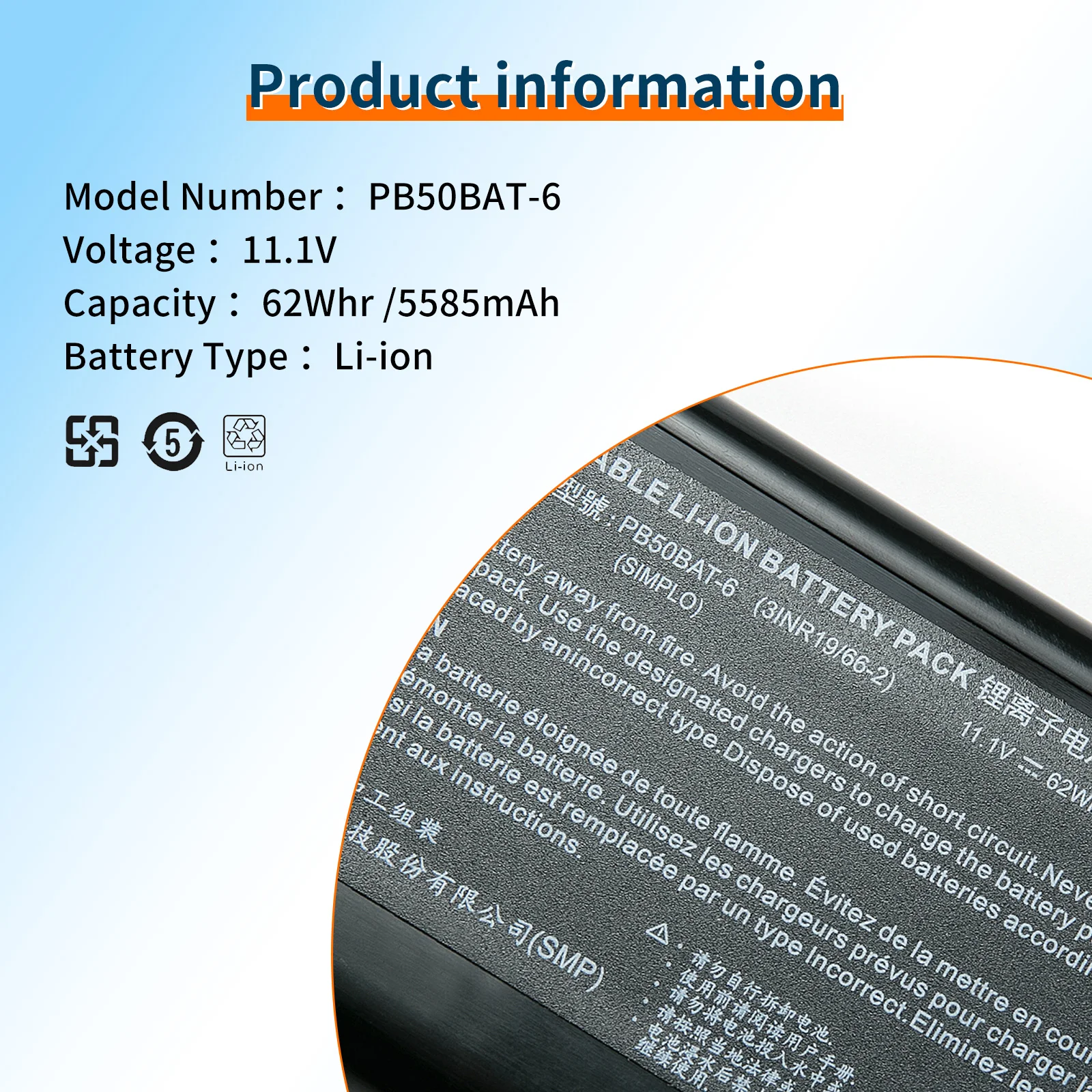 PB50BAT-6 Аккумулятор для ноутбука Clevo PB51RF-G PB70EF-G PB71EF-G PowerSpec 1720 1520 Sager NP8371 3INR19/66-2