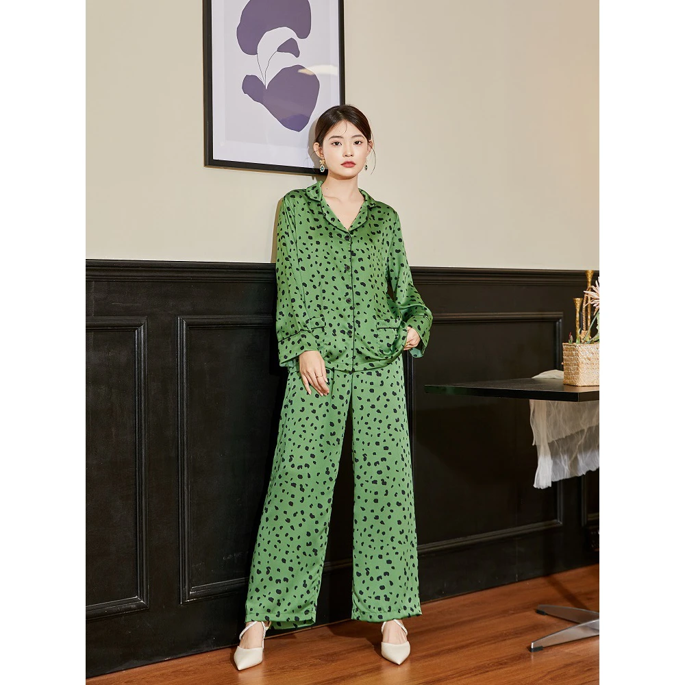 Maison Gabrielle 2022 Spring Summer Vintage Printed Pajamas Set Loungewear Sleepwear for Women 2 Pieces Long Sleeves Silk Satin