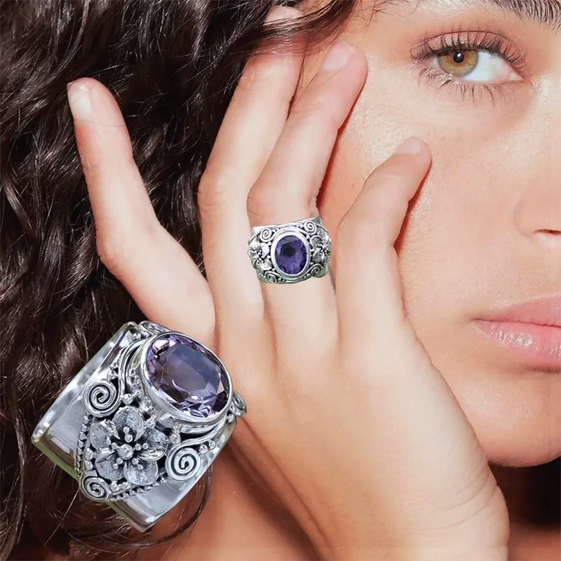 

2022 New Vintage Silver Rings for Women Hand Carved Flower Purple Amethyst Ring Party Birthday Gift Fashion Jewelry