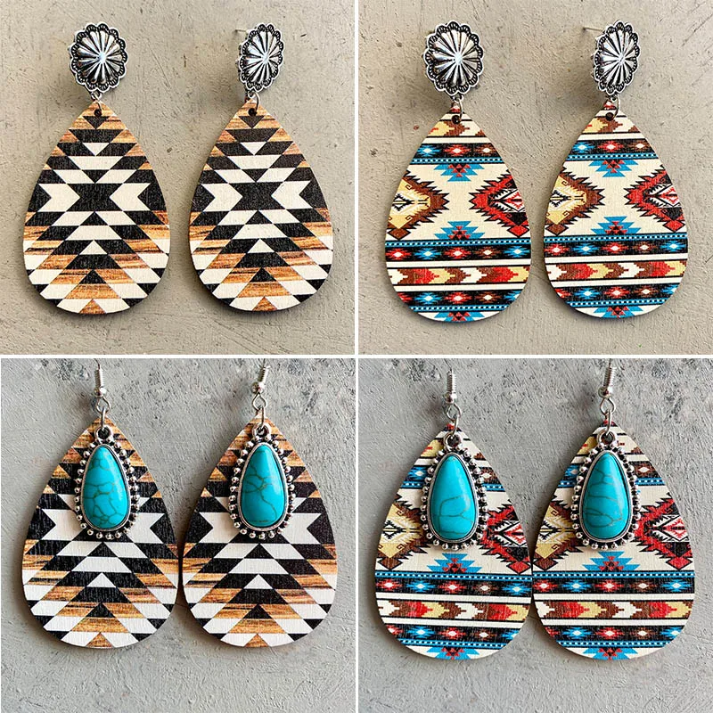 

Wood Aztec Pattern Drop Earrings Turquoise Bohemian Teardrop Earrings for Women Jewelry Wholesale New
