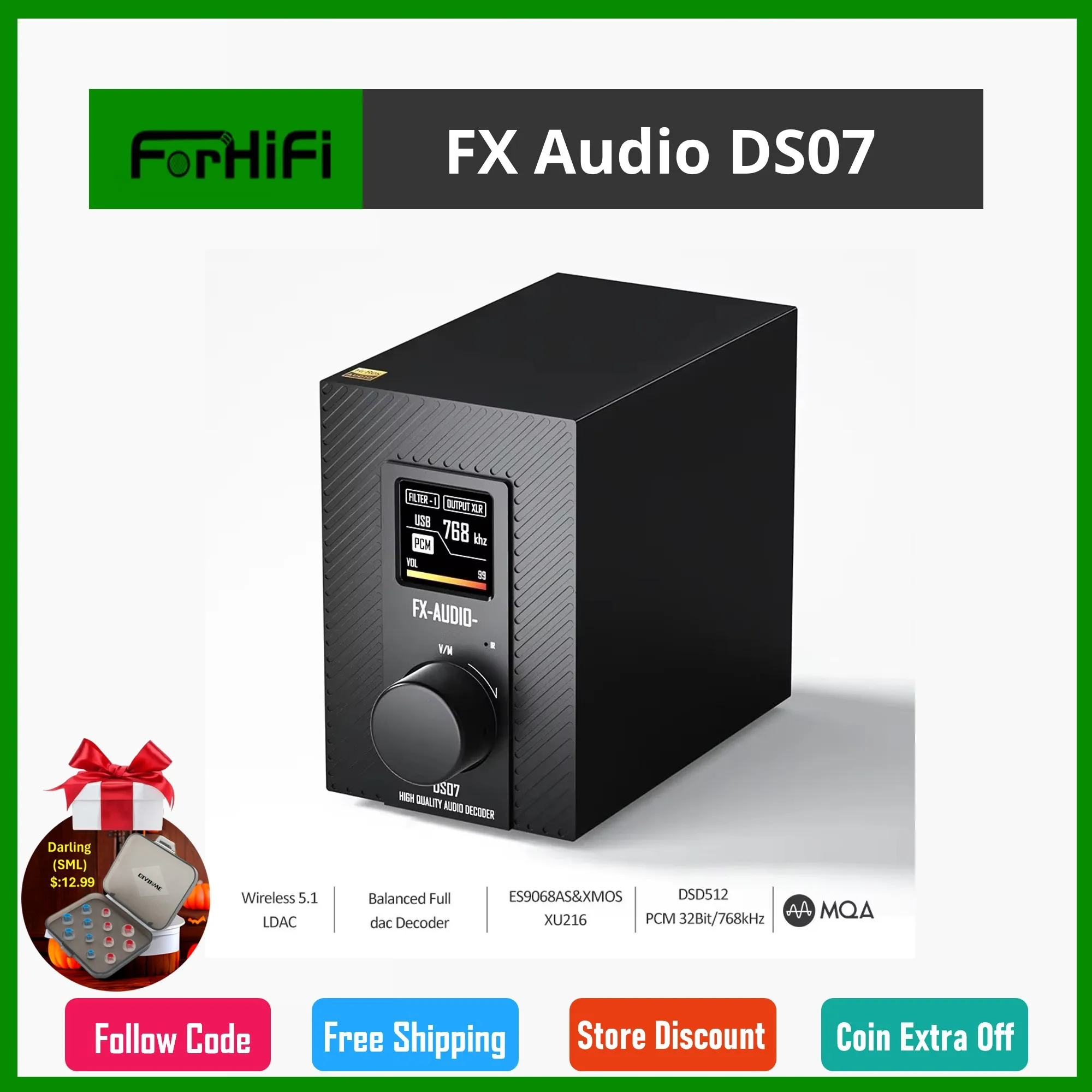 FX Audio DS07 LDAC HD HIFI ES9068AS MQA ЦАП Bluetooth 5.1 XMOS XU216 DSD512 768 кГц сбалансированный полный