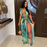 summer sexy fashion beach style deep v neck backless print mopping temperament long skirt womens two piece set