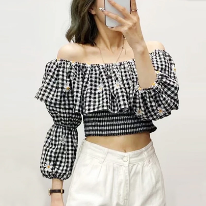 

AYUALIN Casual Beach Short Blouse Boho Crop Top for Women Vintage Off Shoulder Ruffles Floral Embroidery Plaid Blouses Summer