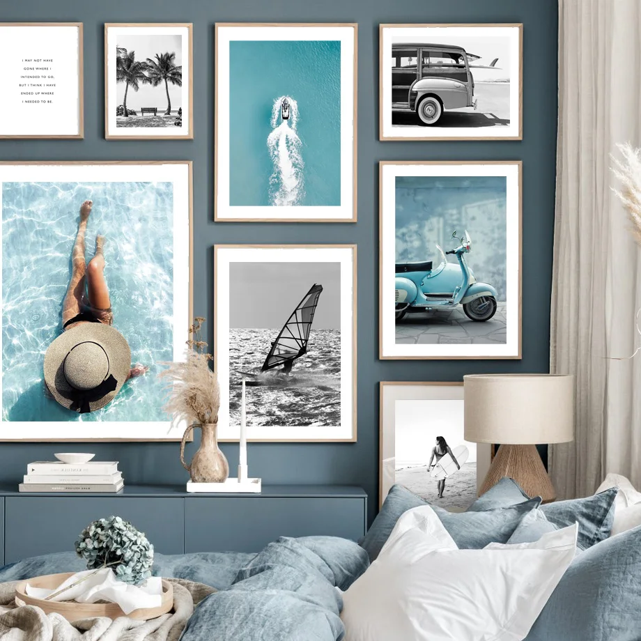 

Beach Surfer Woman Coconut Tree Motorcycle Sky Wall Art Canvas Painting Nordic Posters And Prints Wall Pictures For Living Room