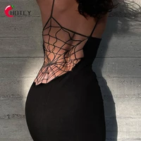 hotcy 2022 stylish clothes with pure color temperament sexy high split slim sleeveless spider web vest maxi dress