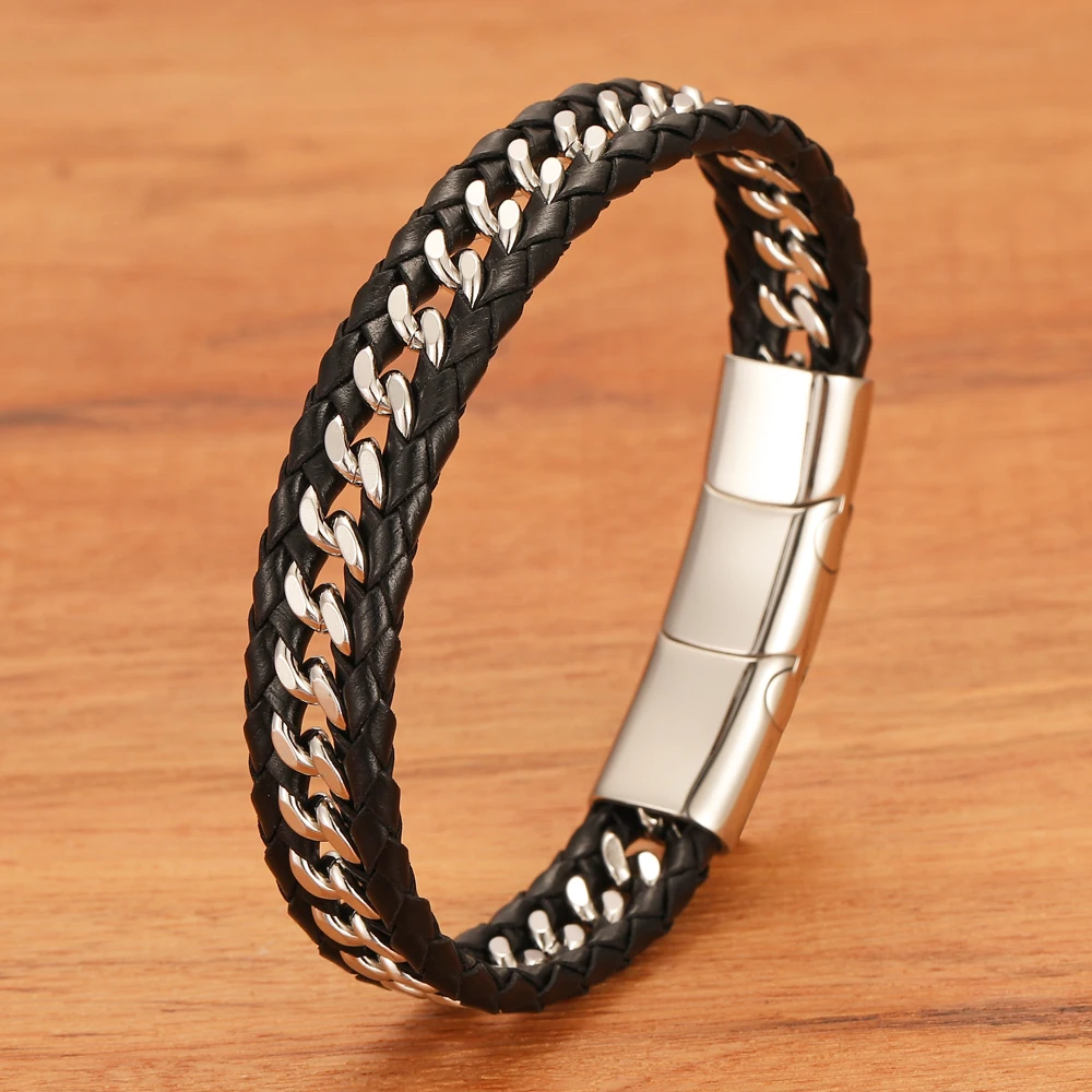 

Vintage Titanium Steel Chain Leather Bracelet for Men