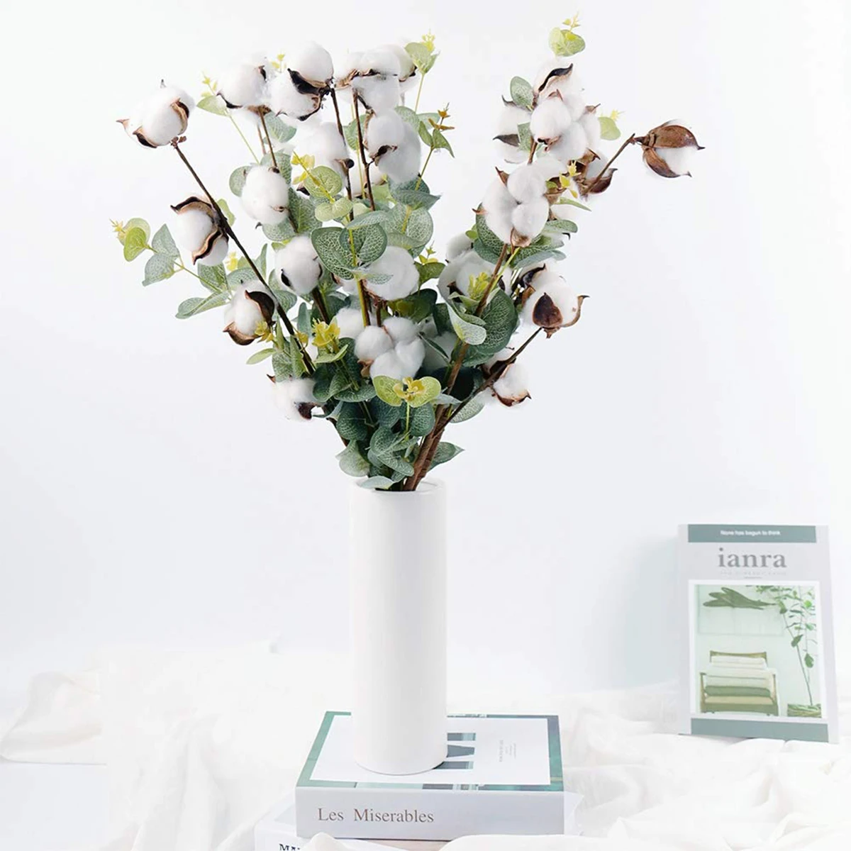 

6pcs Simulation Cotton Stems 21" Cotton Branch 4 Artificial Cotton Heads with Eucalyptus Leaves Reusable Fake Cotton Dried