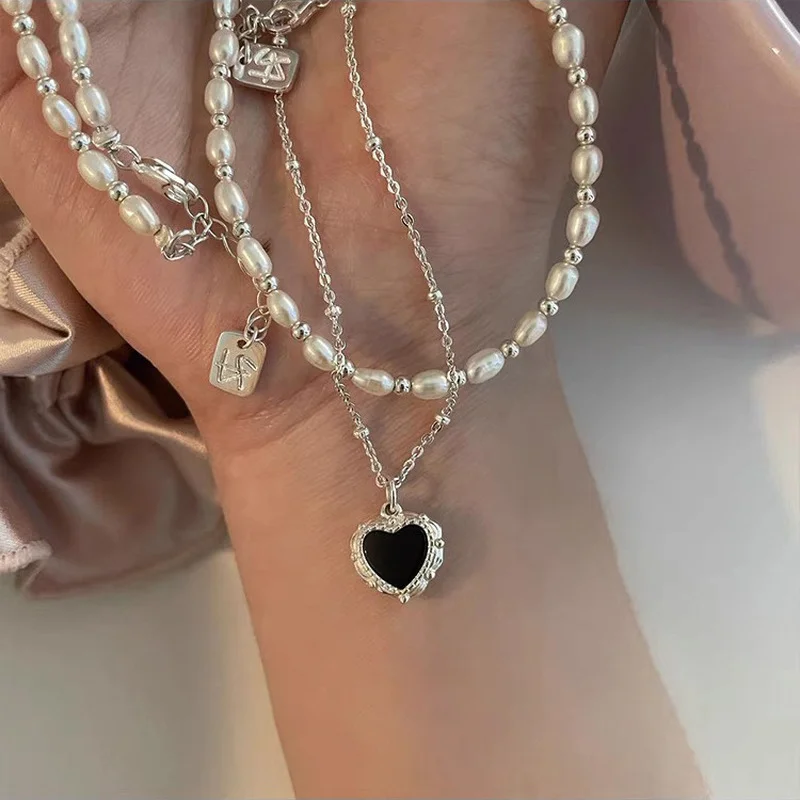 

Minar Chic Genuine Freshwater Pearl Chokers Necklaces for Women Double Layered O-chain Black Color Love Heart Pendant Necklace