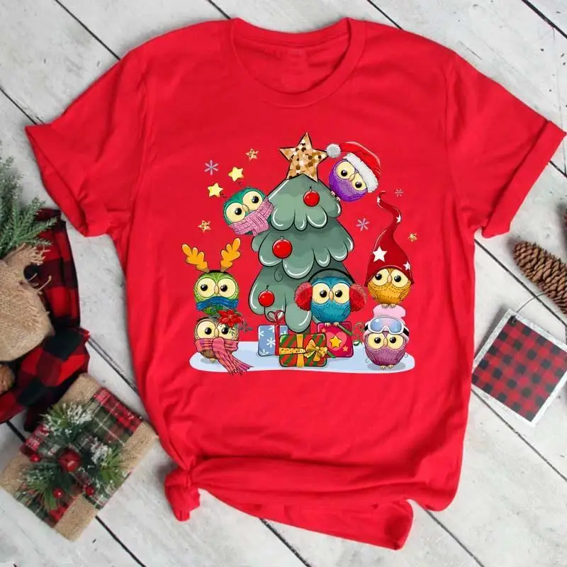 

Merry Christmas Tshirt cute cartoon Christmas owl print men and women red Tshirt personality street British fashion festival top