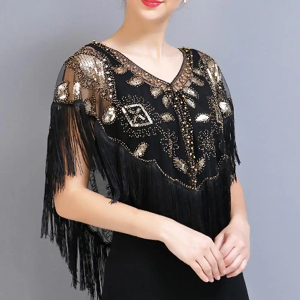 

Sequined 1920s Shawl Tassel Decor Shawl 1920s Women's Sequined Shawl Tassel Fringe Beaded Faux Pearl Sheer Mesh Wrap Cape V Neck