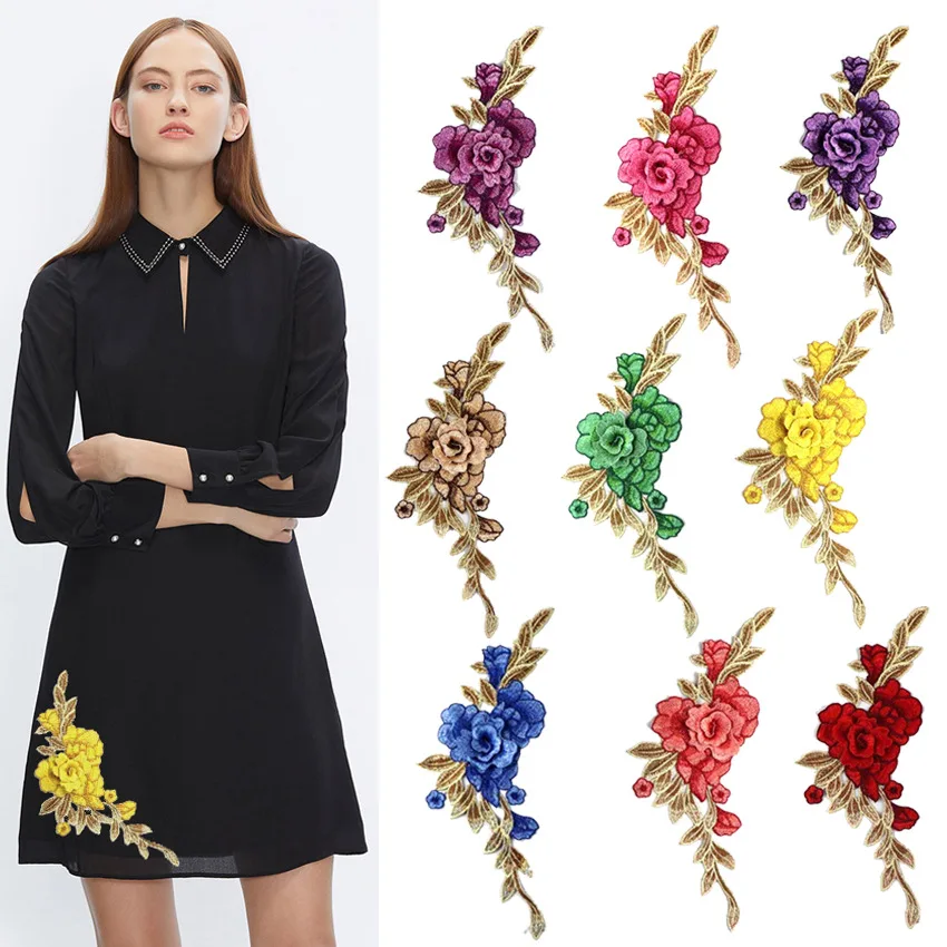 

New 3D Flowers Embroidered Roses Purple Blue Embroidery Sew on Patches Sewn Appliques Lace Fabric DIY For Dress Trousers